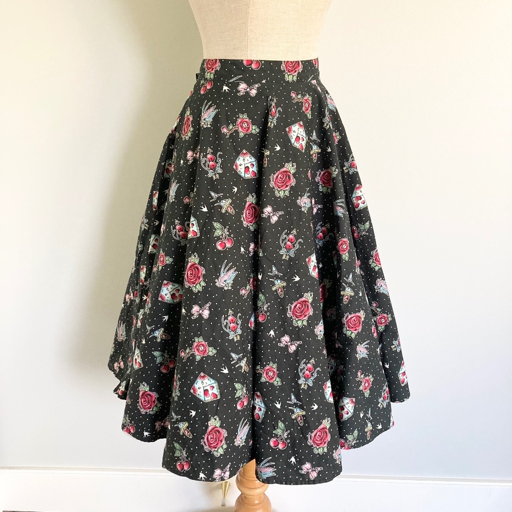 Hell Bunny Cotton Circle Skirt with Cherry, Swallow and Rose Print, Size XL